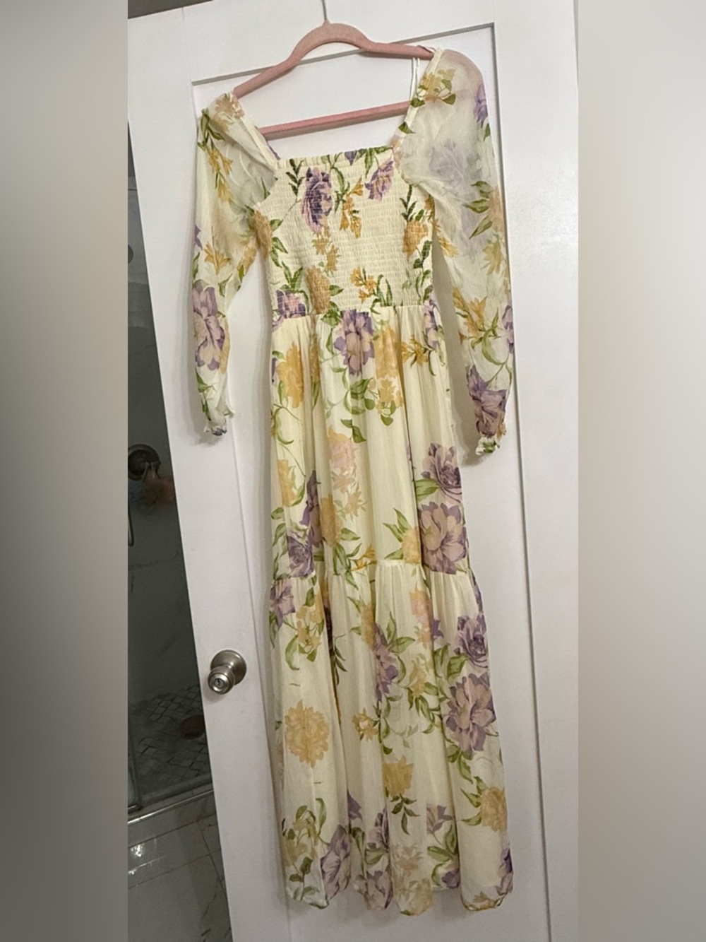 Patrons of Peace Cream Dress with Purple & Yellow Floral Print